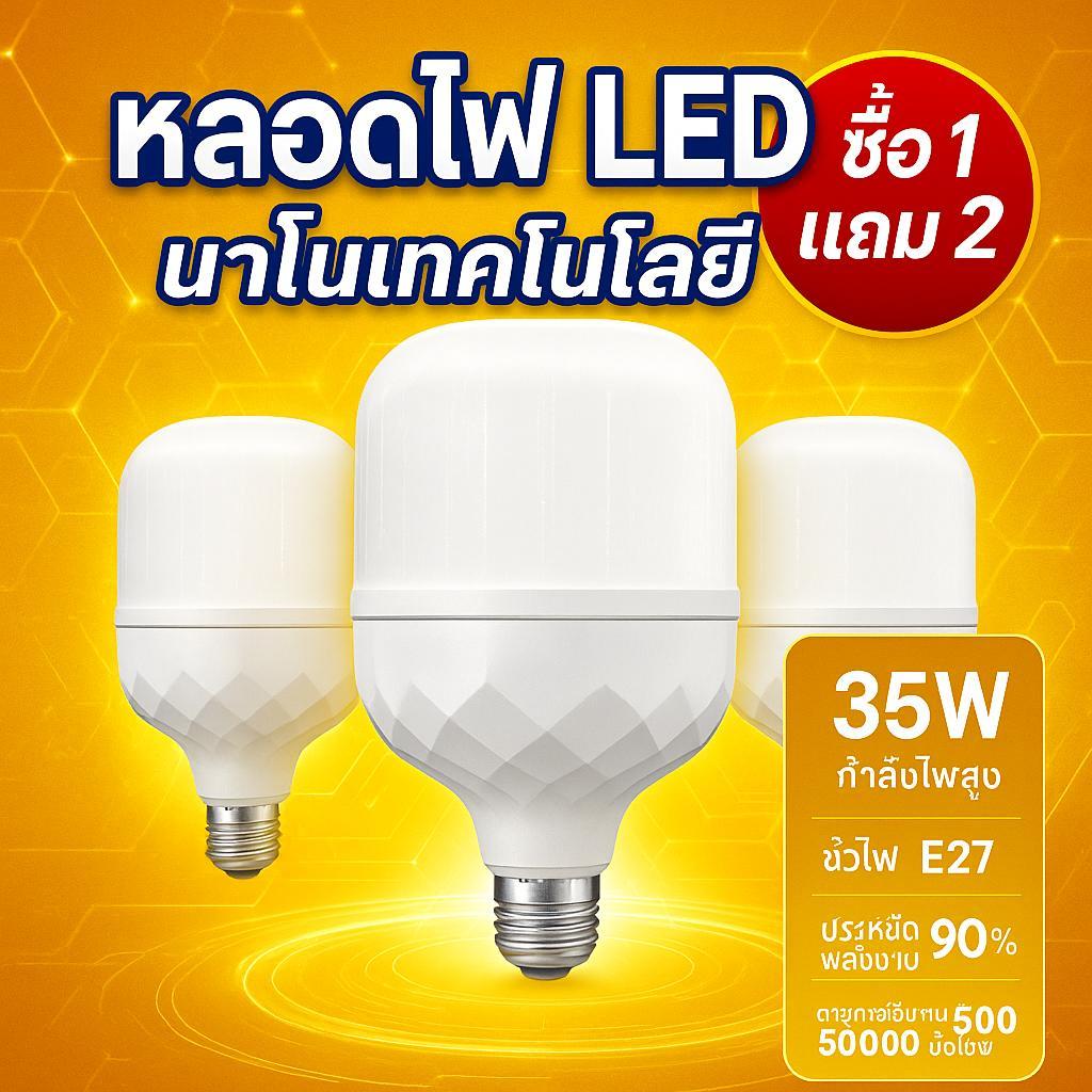 HXdeOoHI 【ซื้อ 1 แถม 2】ประหยัดค่าไฟทันที! หลอดไฟ LED 35W ฐาน E27 แสงขาวสว่างกว่า เปลี่ยนง่าย ใช้ได้ทั้งในโรงจอดรถ โกด – โปรปัง