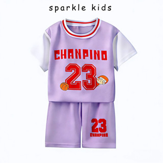 ชุดบอลเด็ก ชุดเซ็ตเสื้อ+กางเกง ชุดขาสั้นลายตัวอักษรอังกฤษแฟช…