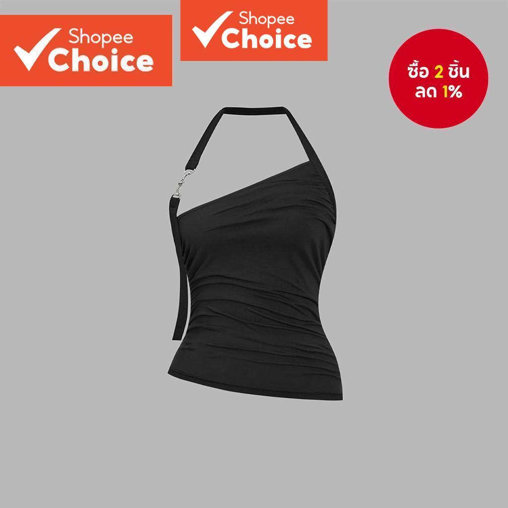 B106-OCT24-C-1-เสื้อกล้ามคอไม่สมมาตรแบบคล้องคอพร้อมจีบด้านหลัง-TKB106AD170