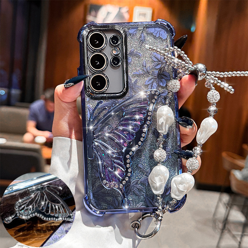 SAMSUNG ปลอกสําหรับSamsung Galaxy S26 S25 S24 Ultra S25 Plus S24 S25 FE S25 Edge Glitter Liquid Quicksandผีเสื้อขาตั้งเคสโทรศัพท์พร้อมโซ่มุก