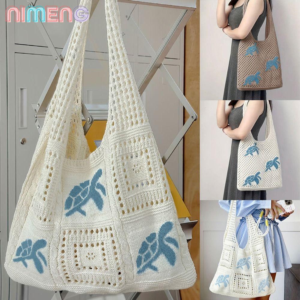 NIMENG กระเป๋าถักลายสะพาย แบบโท้ทเต่าการ์ตูน ความจุขนาดใหญ่ สีน้ำตาลเบจ สำหรับวันหยุดหรือชายหาด