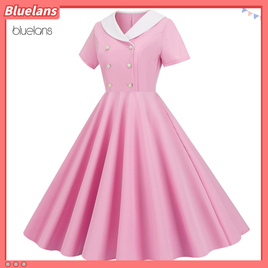 Bluelans Lady Prom Dress A-line Dress Vintage 50s A-line Party Dress with V Neck and Button Decor fo