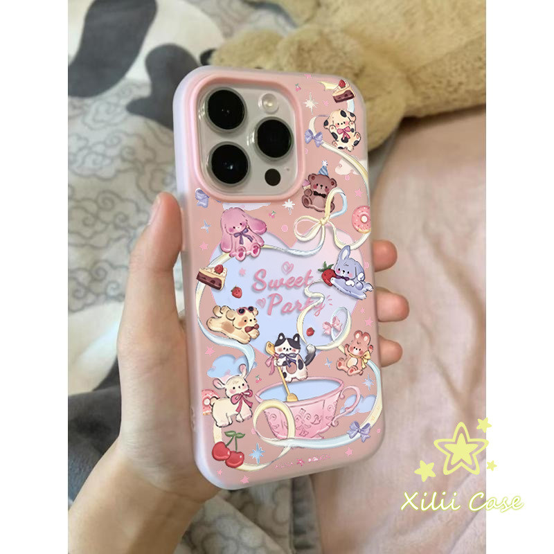 สำหรับ IPhone 16 17 13 11 15 12 14 Pro Max 15 7 8 Plus XR X XS Max เคส 2 in1 ลายการ์ตูนลูกสุนัขและลูกแมวผูกโบว์สีสันสดใส