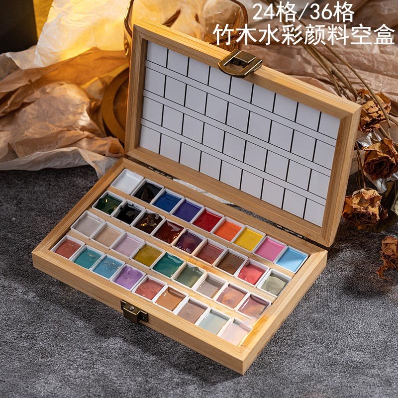 พาเลททําเล็บ การตบเบา ๆ กาวย่อยบรรจุกล่องสีน้ําสีสีจิตรกรรมกาวปรับสีใช้ 36 กริด 24 กริดกล่องไม้