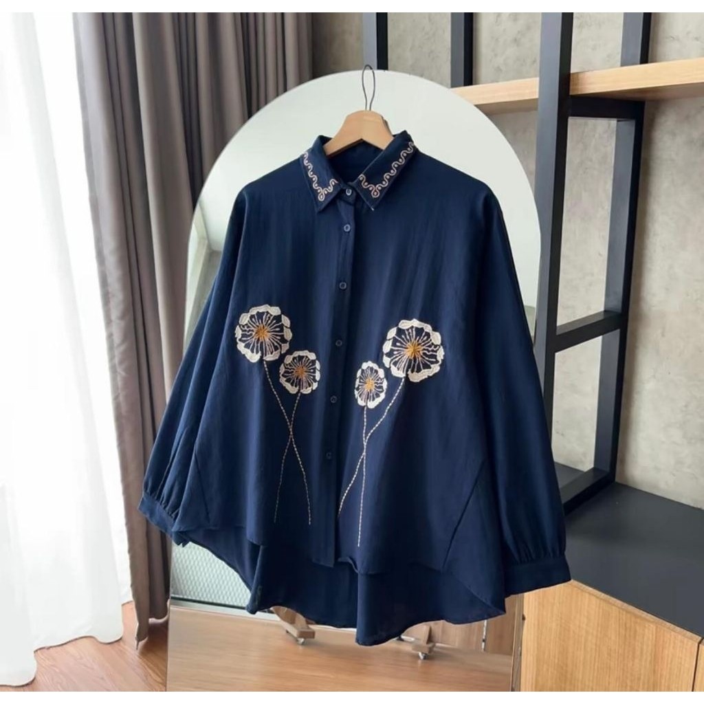 KEMEJA Karim Blouse - เสื้อเชิ้ตผู้หญิงปักดอกไม้ Stem Womens Top Linen Rami วัสดุสไตล์เกาหลีอินเทรนด