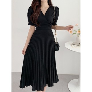 MISS EMITA Baju Midi Dress Hitam Mewah Elegan Formal Dress Pesta Wanita Kekinian Kondangan Simple Korean Style Black Elegant Party Dress Terbaru 2026 Lebaran