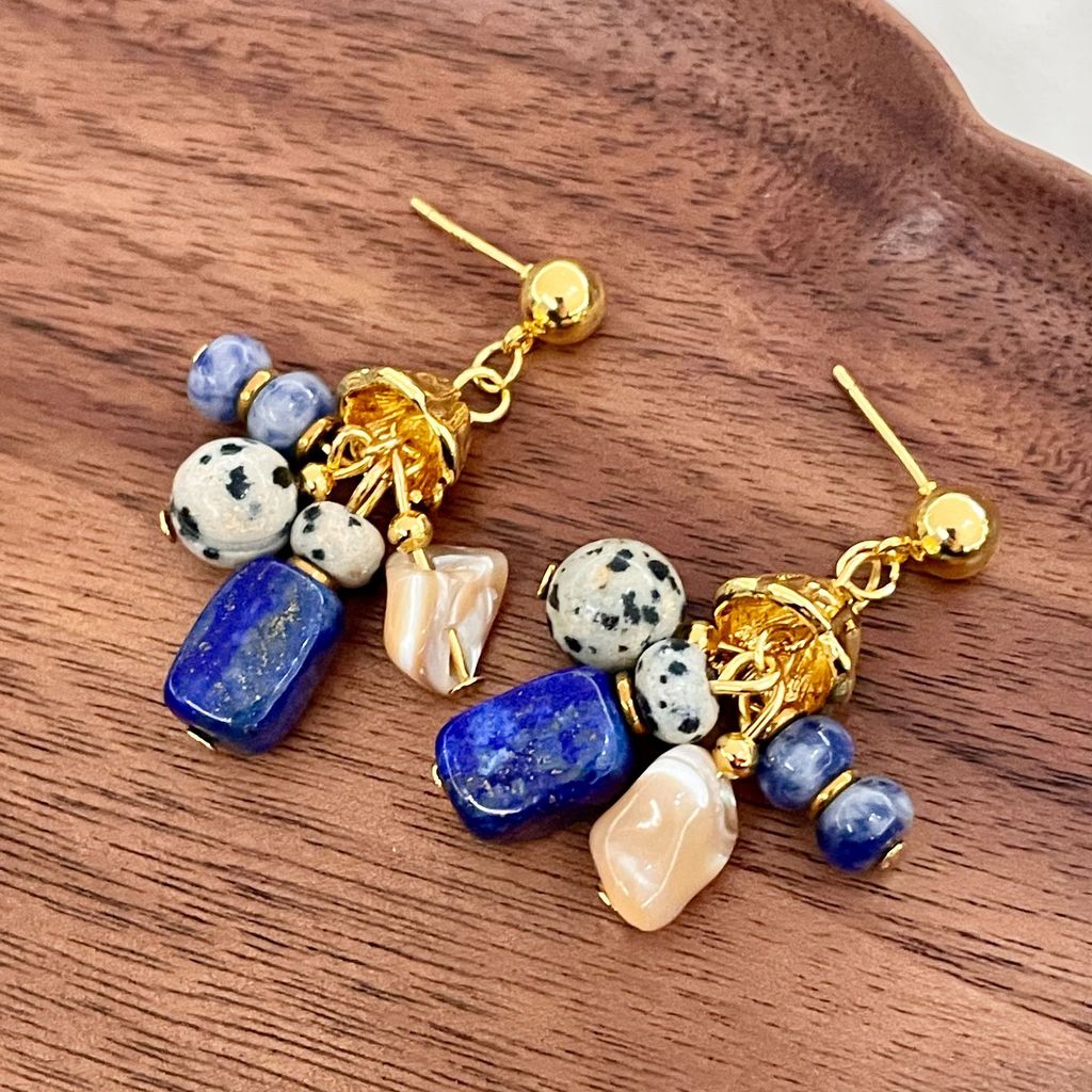 ต่างหูคริสตัล Lapis Lazuli และ Fritillary สไตล์จีน พู่จี้หรูหรา
