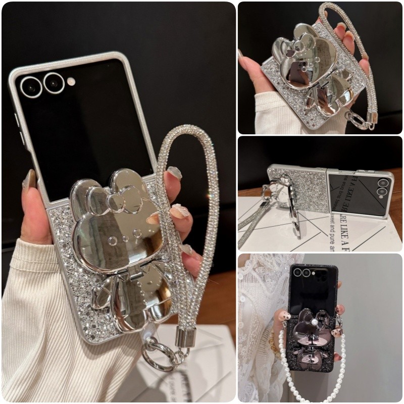 SAMSUNG น่ารักGlitterกระต่ายเคสโทรศัพท์สําหรับSamsung Galaxy Z Flip 7 Z Flip 6 Z Flip 5 Flip 4/3 สร้อยข้อมือสายรัดข้อมือฝาครอบ