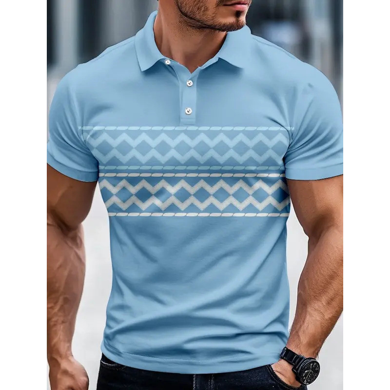 3D พิมพ์ Vintage ผู้ชาย Geometic Line Polo ชาติพันธุ์แขนสั้นเสื้อโปโลเสื้อคอปกลําลองธุรกิจกลางแจ้งสว
