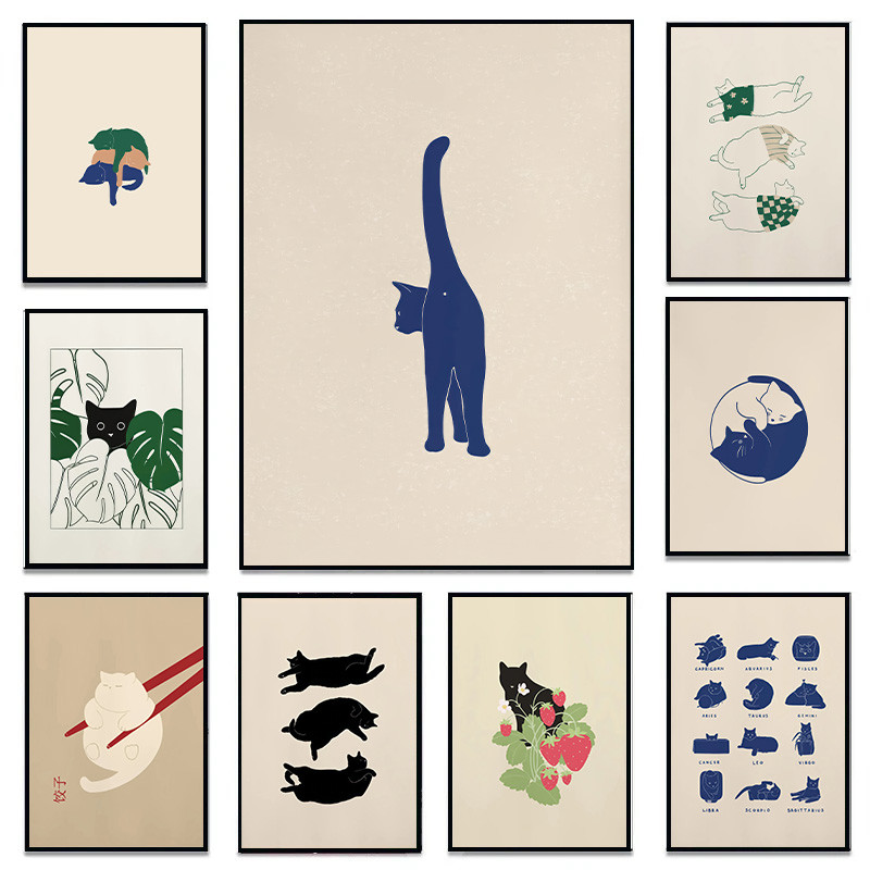 สัตว์น่ารักภาพประกอบศิลปะพิมพ์โปสเตอร์ ง่วงนอน ลูกแมวความงามผ้าใบจิตรกรรมสําหรับห้องนั่งเล่นห้องนอนผนังตกแต่งบ้านภาพจิตร