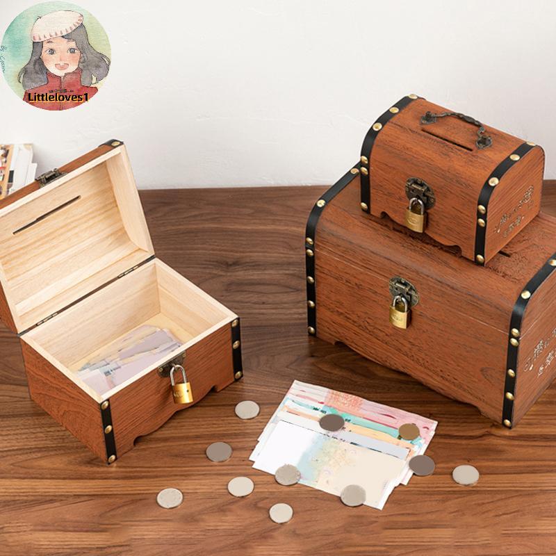 Littlelove 1 ชุด Vintage Treasure กล่องเก็บไม้หีบสมบัติล็อค Piggy Bank Organizer กล่องสําหรับตกแต่งบ้าน TH