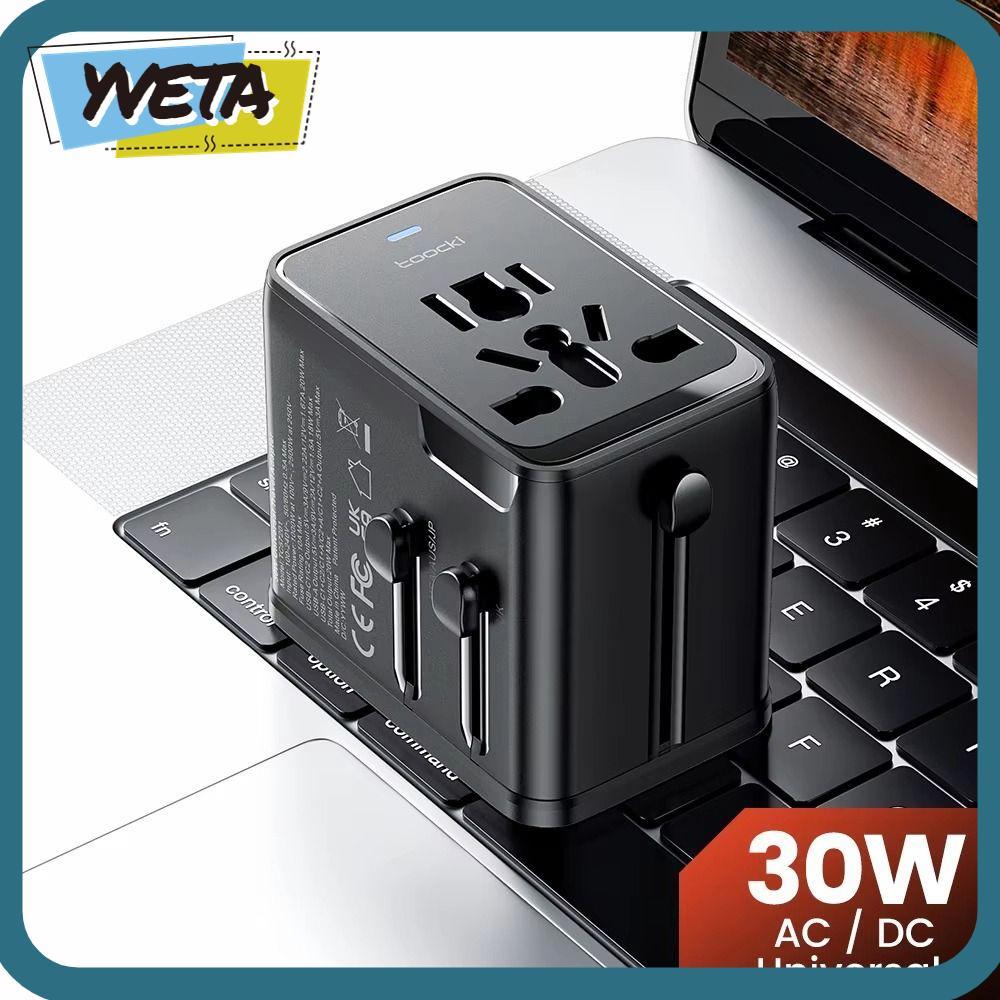 YVETA AC Socket Converter, GaN Universal Travel Charger Adapter,แบบพกพาปลอดภัย 30W 2USB-C & USB-A Fa
