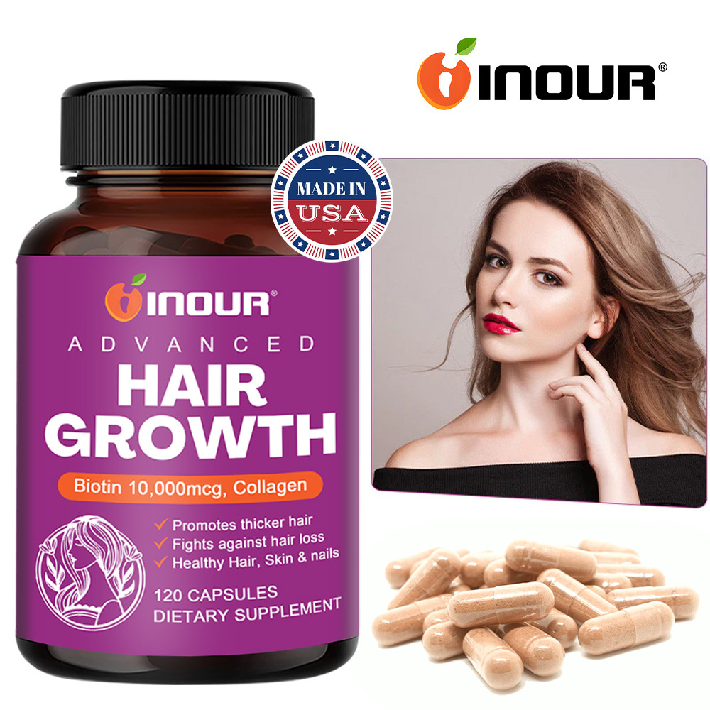 INOUR Hair Growth Biotin แคปซูล 10,000mcg คอลลาเจนบำรุงผม ช่วยสนับสนุนสุขภาพผม ผิว และเล็บ Vegan