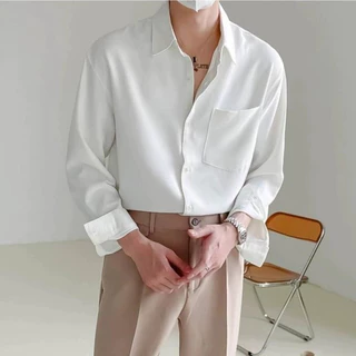 Silky Pocket Collar Shirt เสื้อเชิ้ตผู้ชายผ้าซาตินลื่น แขนยาวทรงโอเวอร์ มีกระเป๋าหน้าอก 4 สี ขาว/เบจ/ฟ้าเทา/ดำ ไซซ์ M-2XL