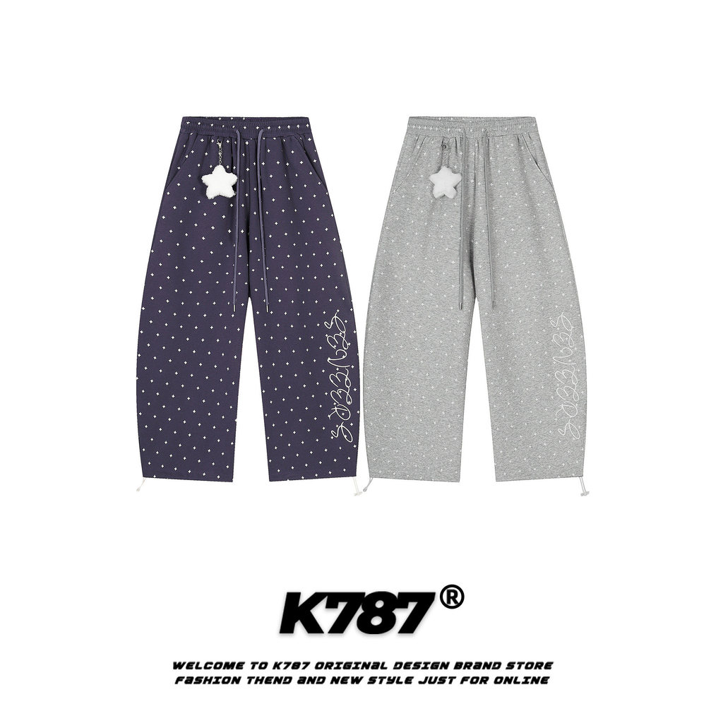 K787 อเมริกัน Retro Star จี้พิมพ์ Casual Sweatpants ผู้ชายผู้หญิงหลวมสบายๆสูงเอว Tether ชั้น Mopping