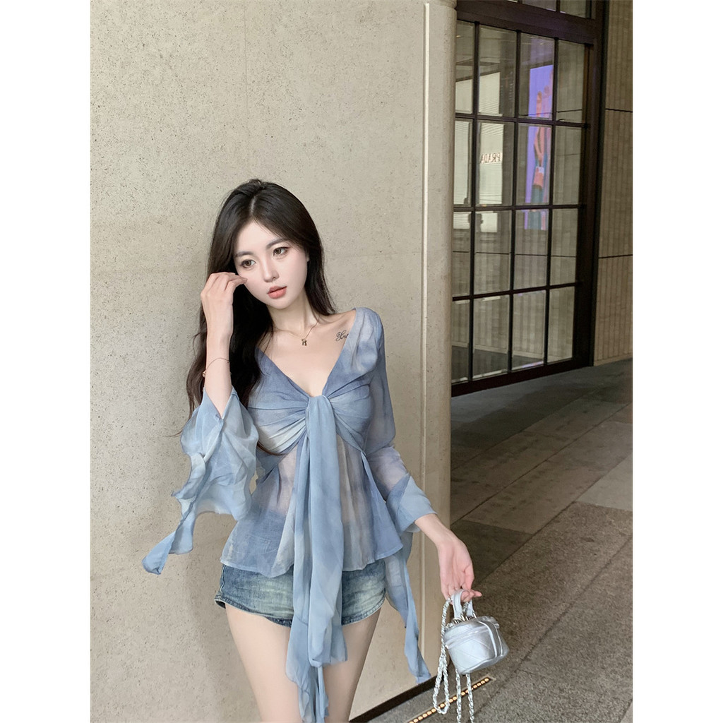 TW Cross-Borderภาษาฝรั่งเศสคําRuffled Vคอแขนยาวเสื้อยืดเสื้อผู้หญิงฤดูร้อนHigh-Endการติดเชื้อTie-Dye