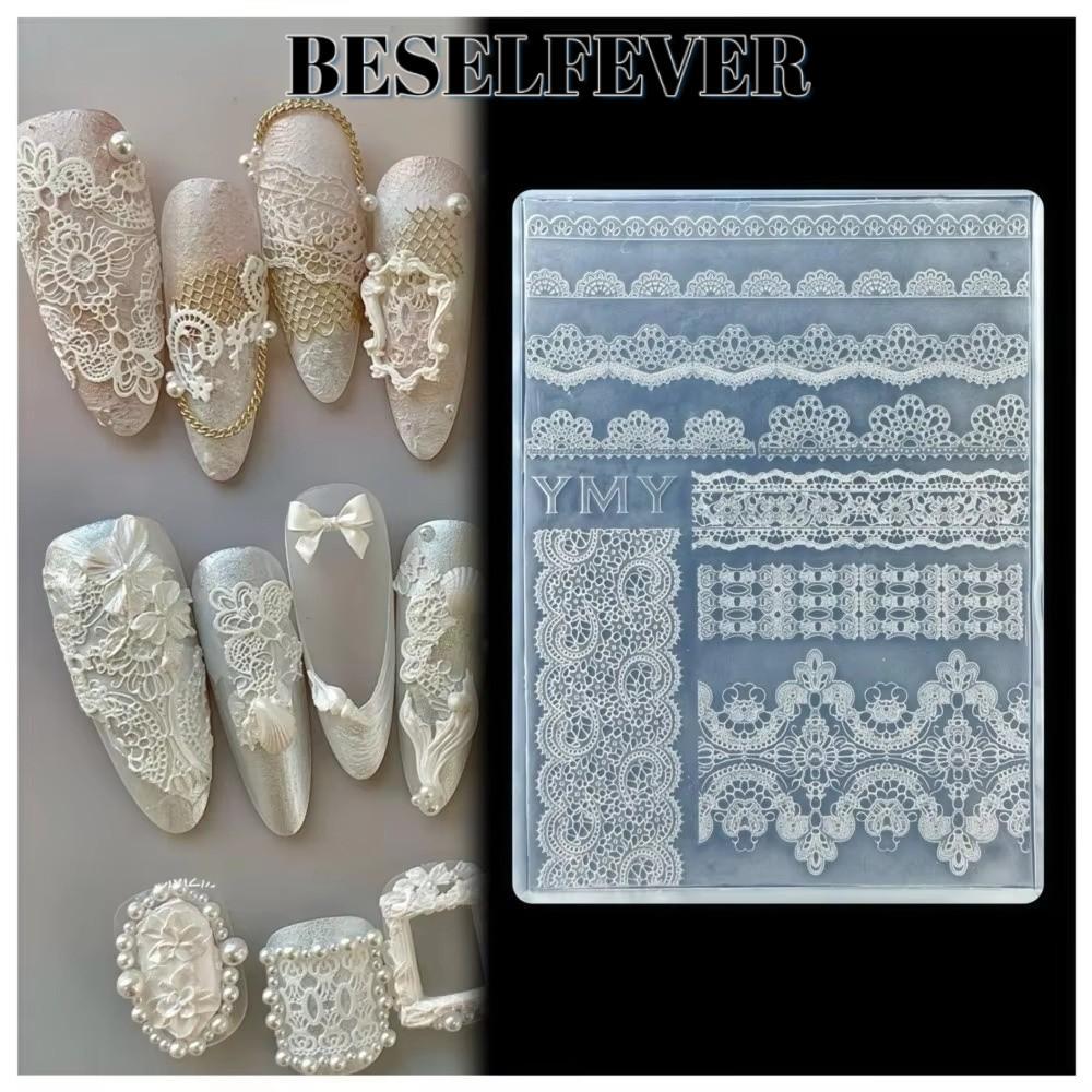 BESELFEVER ราติน แม่พิมพ์เพ้นท์เล็บ,โปร่งใสนํามาใช้ใหม่เล็บแม่พิมพ์,หรูหรารูปแบบฝรั่งเศสบรรเทาดอกกุหลาบลูกไม้เล็บแม่พิมพ์เล็บเสน่ห์ทํา