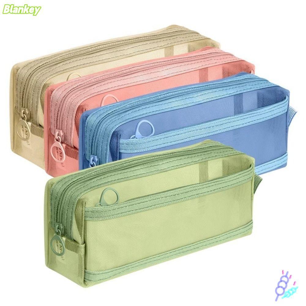 BLANKEFX กระเป๋าปากกา, ดินสอตาข่ายโปร่งใส, กระเป๋าเครื่องเขียนสองชั้นความจุขนาดใหญ่คุณภาพสูง Back To School