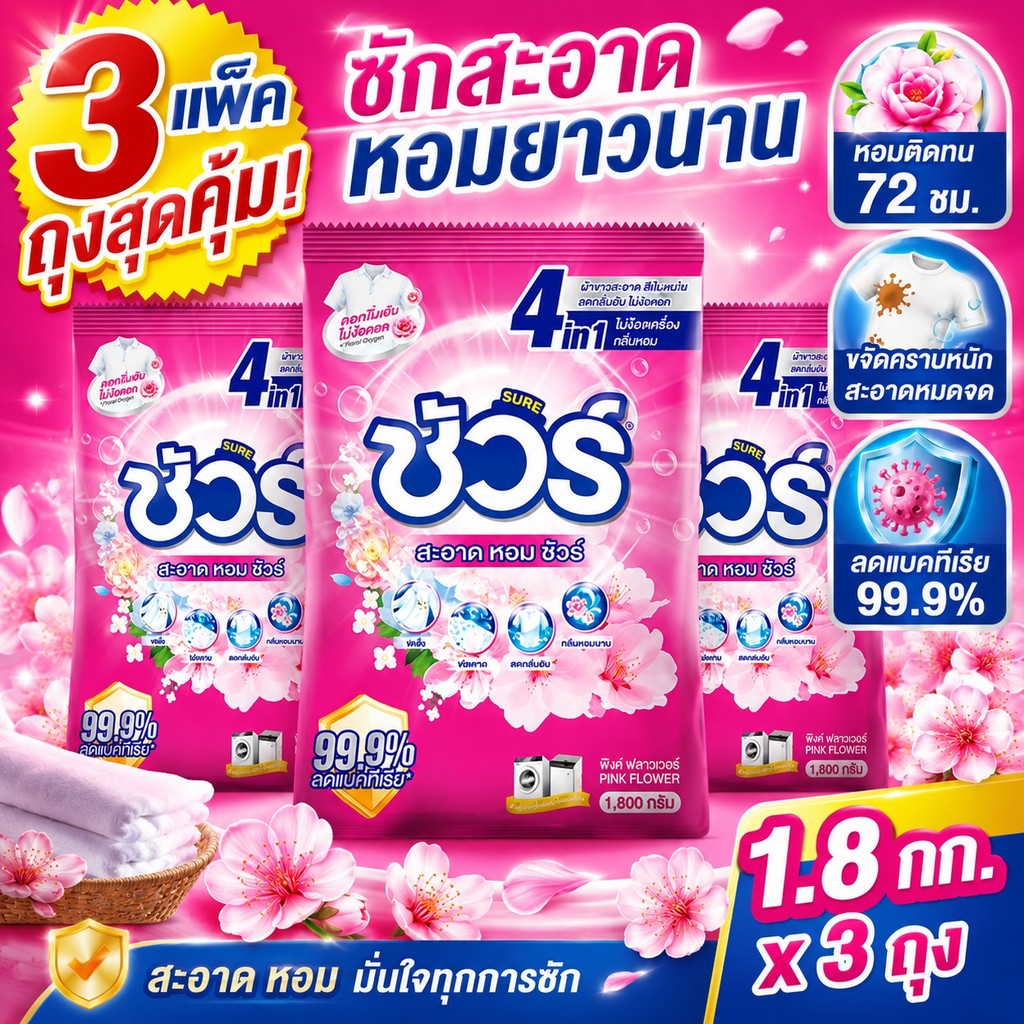 SURE 4in1 ผงซักฟอก ชัวร์ 5400g(1800*3ถุง)  อมสดชื่น 72 ชั่วโมง➕ฆ่าเชื้อ 99.9%➕ขจัดคราบสกปรก➕ ป้องกันการตกสีห