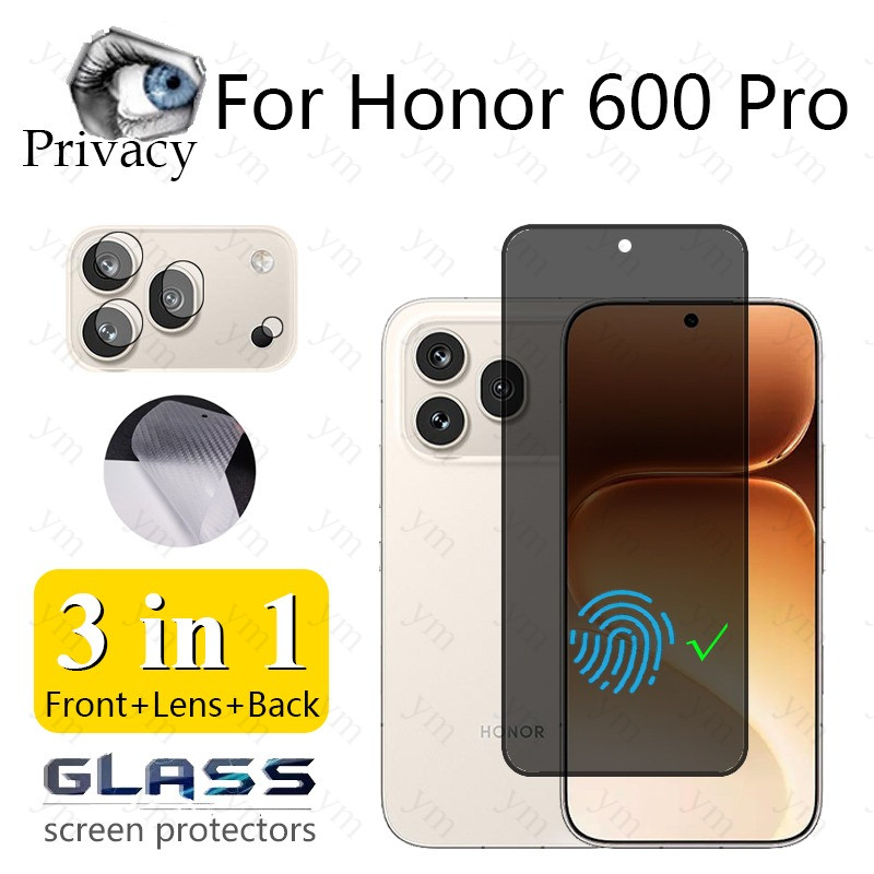 [ปลดล็อคลายนิ้วมือ] 3 in 1 ฟิล์ม ฟิล์มกระจก Honor 600 Pro กระจกนิรภัยป้องกันการแอบดูปกป้องหน้าจอ Anti-Spy ฟิล์มป้องกันความเป็นส่วนตัวสําหรับ Honor 600 Pro Magic 8 เลนส์กล้องฟิล์มคาร์บอนไฟเบอร์