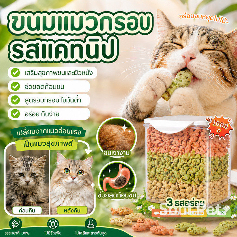 ขนมหญ้าแมว หญ้าแมวฟรีซดราย อาหารลูกแมว มีเนื้อสัตว์ ทำความสะอาดฟัน ช่วยขับขนในกระเพาะ ลดปัญหาขนร่วง