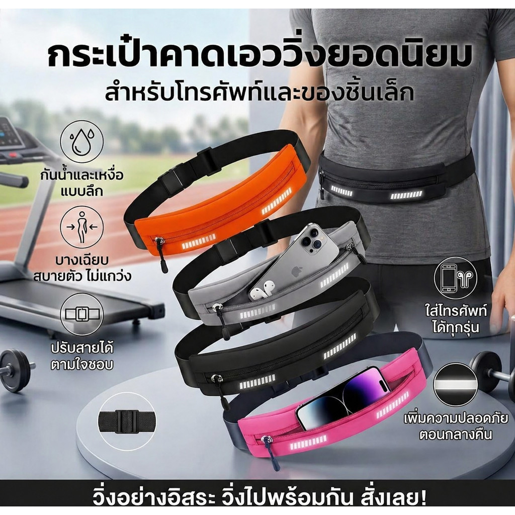 กระเป๋าคาดเอวสำหรับวิ่งกลางแจ้งนี้ทำจากผ้ากันน้ำและมีช่องเสียบหูฟัง ทำให้เหมาะสำหรับการพกพาโทรศัพท์และหูฟังขณะวิ่ง