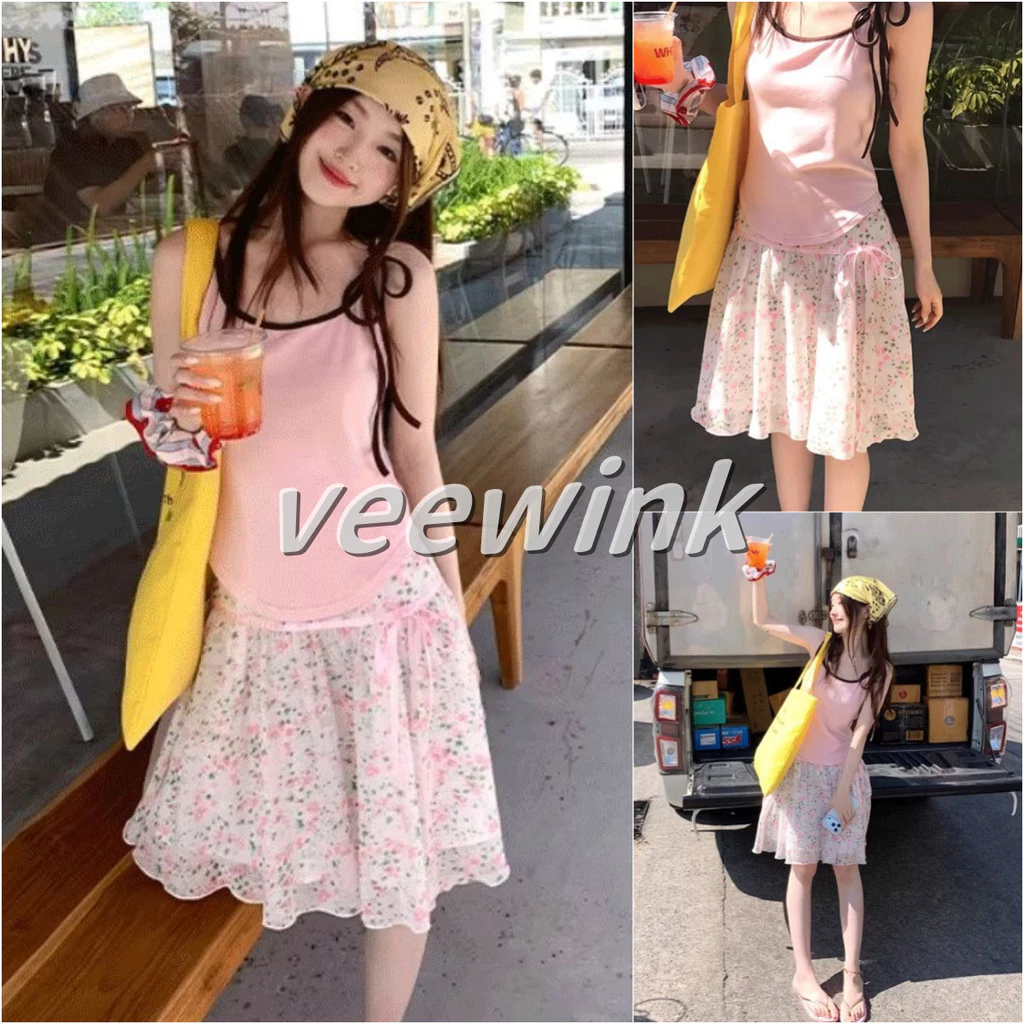 Veewink กระโปรงครึ่งตัวลายดอกไม้สีชมพู เอวสูงทรงเอ โบว์ผูกเชือก หวาน ดีไซน์เก๋ แมทช์ง่าย