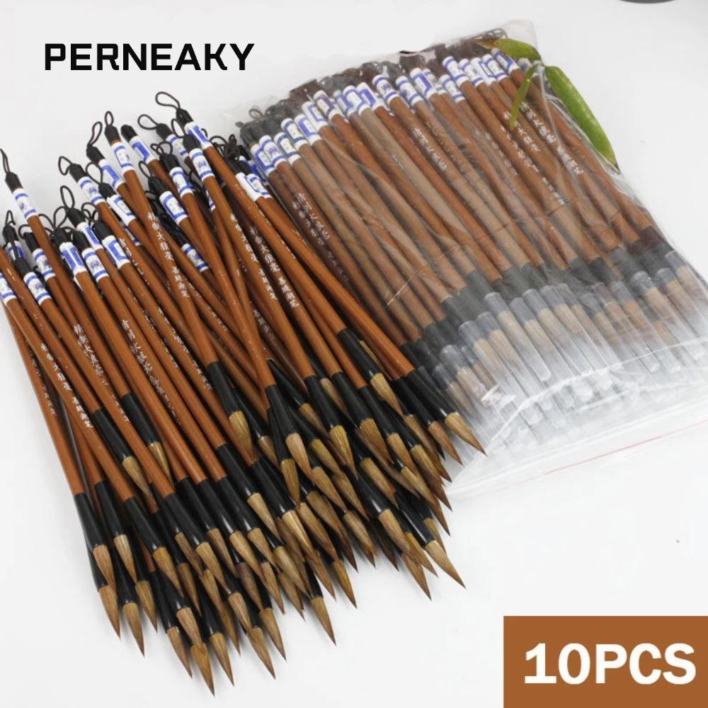 PERNEAKY แปรงเขียนพู่กัน 10 ชิ้น, เมฆสีขาวไม้ไผ่เขียนแปรง, อุปกรณ์ประดิษฐ์ตัวอักษรผมหมาป่า, ปากกาเขียนจีนโบราณนักเรียน