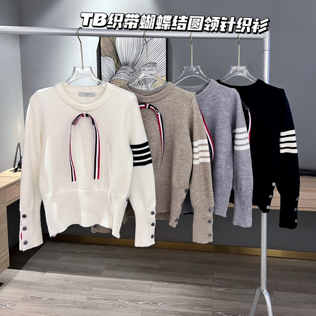 P3XD thombrowne Autumn Winter New Knitted Women's Detachable Bow Four-Stripe Top Round Neck Knit Swe