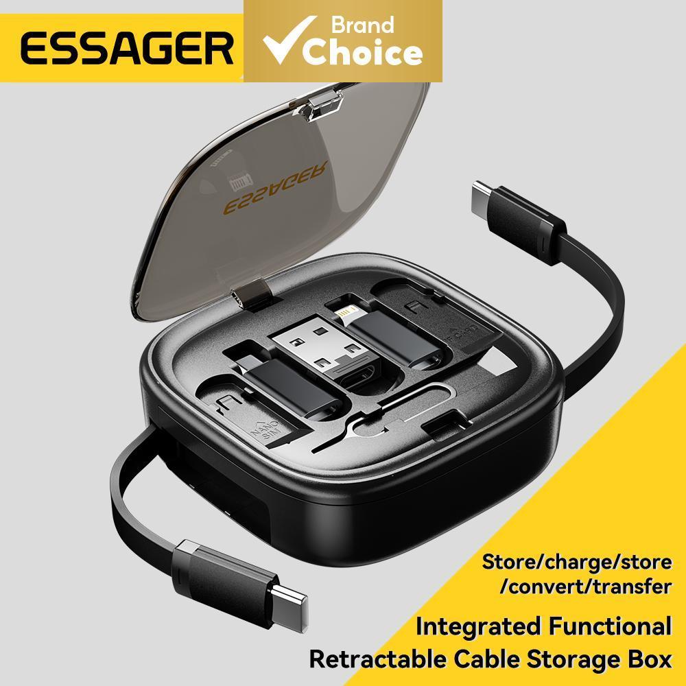Essager 60W สายชาร์จเร็ว 3A ยืดหดได้ ส่งข้อมูล 480Mbps กล่องเก็บของอเนกประสงค์สําหรับ Type C, IPH, Micro Usb, A, Cables, Bracket Storage Box