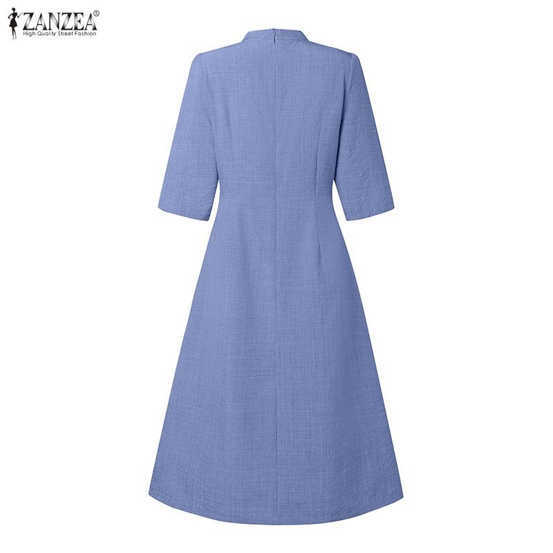 ZANZEA ผู้หญิงเกาหลีหรูหราระดับไฮเอนด์ปุ่มแขนกลางตกแต่งชุด A-Swing - รูปที่ 7