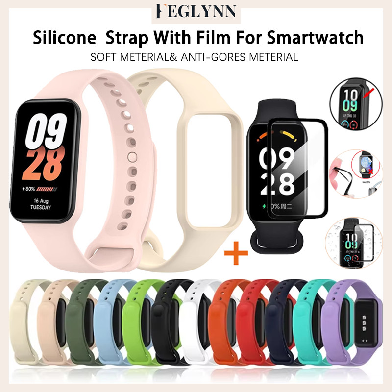 เคสพีซีพร้อมสายซิลิโคนแบ for Xiaomi Mi Band 8 Active สายอุปกรณ์ยางปรับได้และฟิล์มป้องกันแก้ว for Redmi Band 2