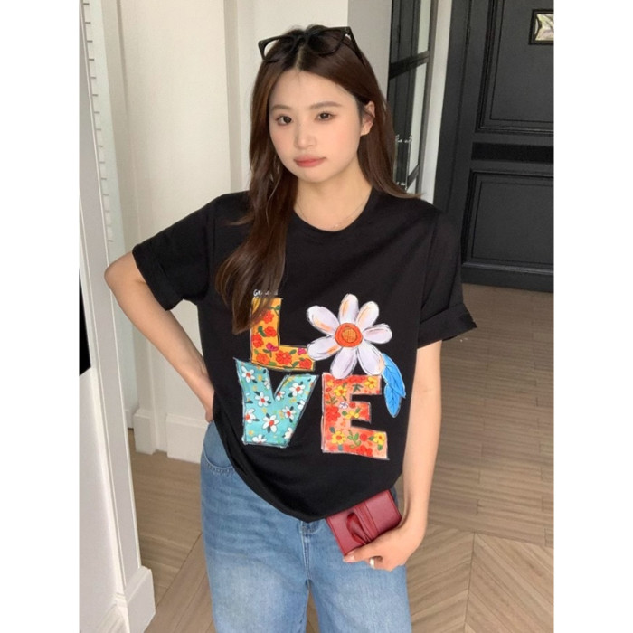 COD695 สไตล์พิมพ์รุ่น [200g] ผ้าฝ้าย 100% Combed เสื้อยืดแขนสั้นผู้หญิงฤดูร้อนหลวมรอบคอ Top Bottomin