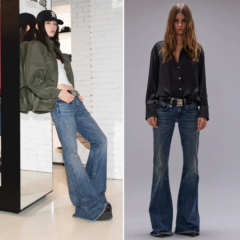 DSAX R/13 2025Early Autumn New Style Deep Blue Retro Mid-Low Waist Stretch Flared Jeans for Women