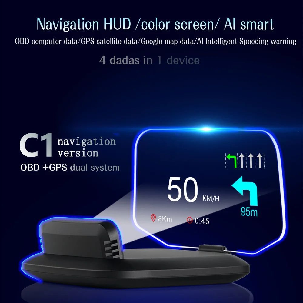 HD C1 OBD2 HUD รถ Head Up จอแสดงผล GPS นําทางโปรเจคเตอร์ดิจิตอลวัดความเร็ว KMH MPH Overspeed RPM Ala