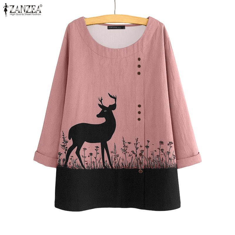 ZANZEA ซานเซีย สไตล์เกาหลีฤดูใบไม้ร่วง แขนยาว คอกลม พิมพ์ลายกวาง มีปุ่มตกแต่ง