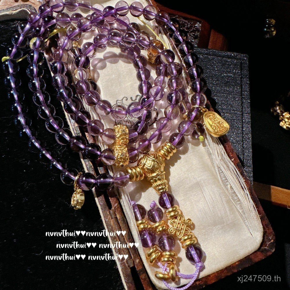 สร้อยคอคริสตัลสีม่วงพร้อมพวงมาลัยPixiu Power สไตล์จีน และสร้อยข้อมือfoil Madagascar Gold NU98