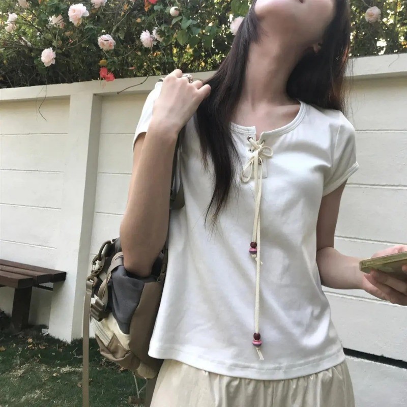 FY-เสื้อยืดผู้หญิง แขนยาว คอวี สี Splicing ประเภทรุ่นหลวม เรียบง่าย หวาน สุภาพสตรี แฟชั่นเวอร์ชั่นเกาหลี