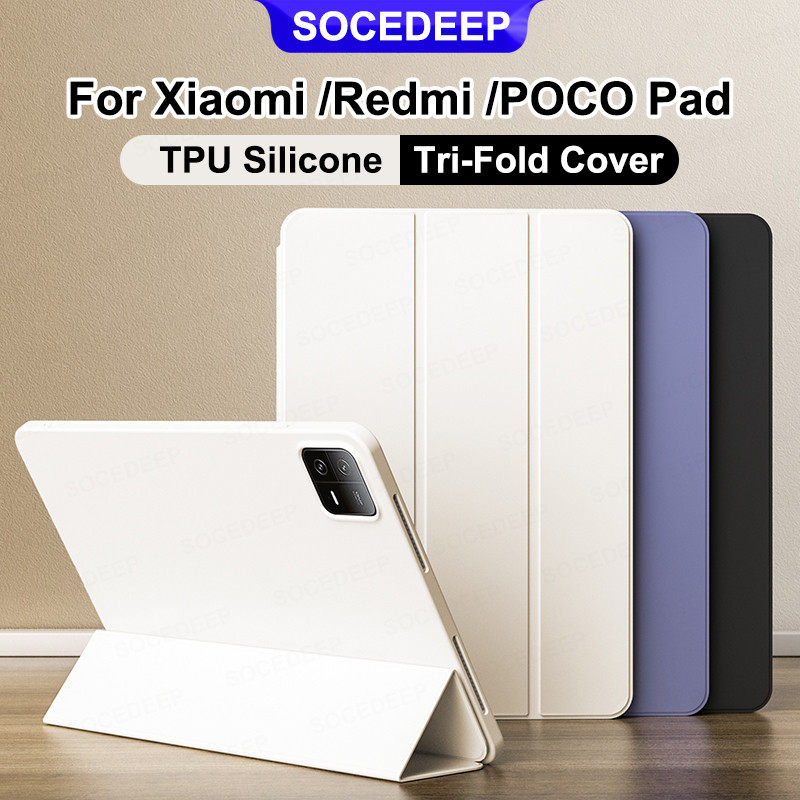SOCEDEEP สําหรับ RedmiPad 2 SE 8.7 Pro Xiaomi Pad 8 7 mini POCO Pad X1 M1 12.1 ฝาครอบหนัง Thri-Fold Bracket แท็บเล็ตกรณี
