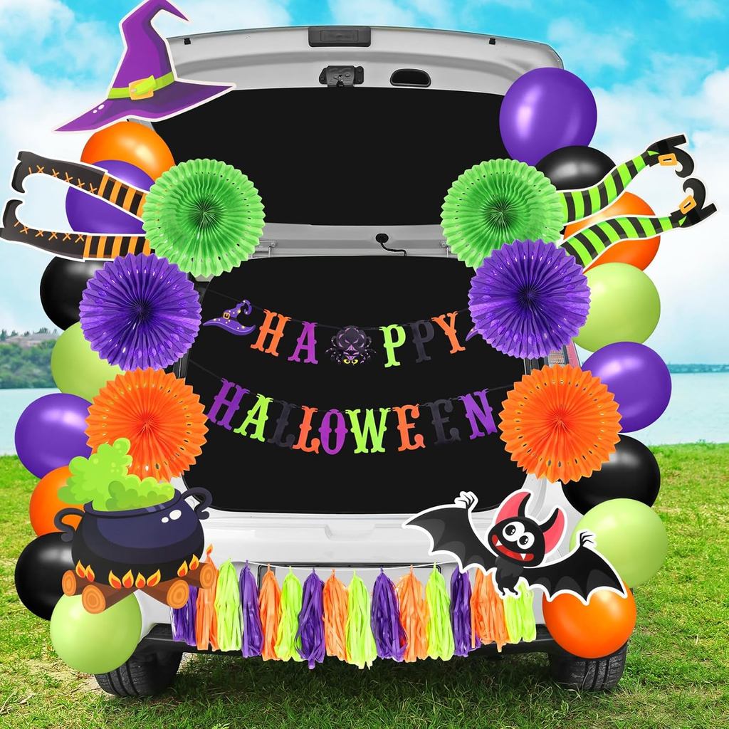 Panelee ฮาโลวีน Trunk หรือรักษาชุดตกแต่งรถแม่มดรถ Archway โรงรถตกแต่งแบนเนอร์กระดาษแฟนบอลลูน Tassels
