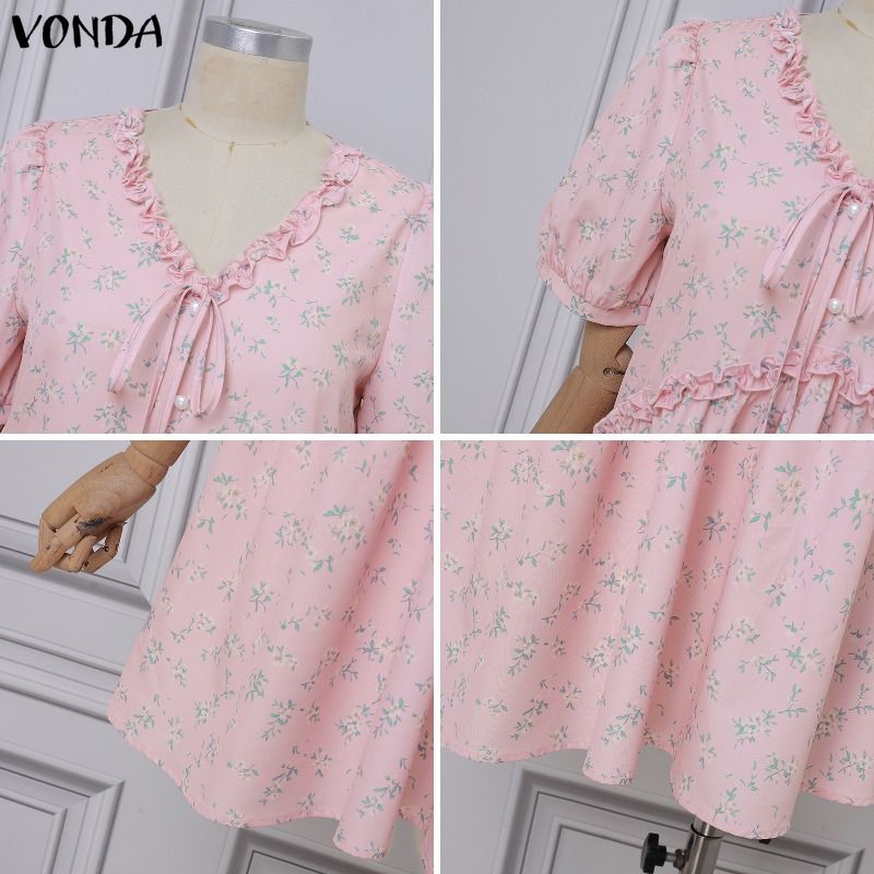 VONDA ผู้หญิงเกาหลีลําลองทอดอกไม้ V คอ Ruffle Tie เอวแยกออกแบบปกติไหล่พัฟแขนสาย Ruffle Hem หลวมประเภทแขนสั้นมินิเดรส — صورة 7