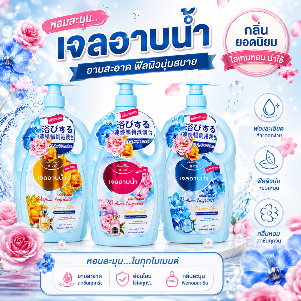 ส่งเร็ว เจลอาบน้ำ ชนิดเจลเข้มข้น 1000ml กลิ่นน้ำหอม กลิ่นหอม อ่อนโยน  ขนาด 1 ลิตร