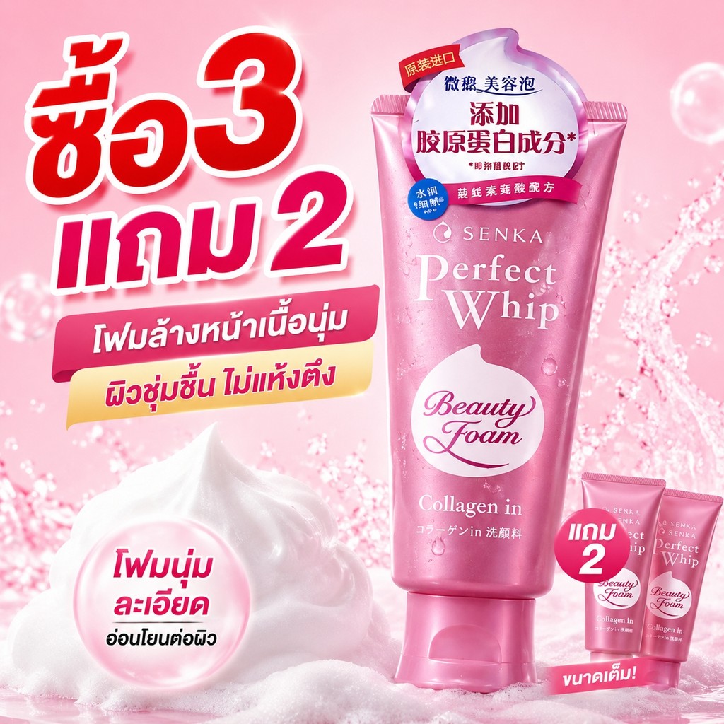 [ซื้อ 3 แถม 2]โฟมล้างหน้า Senka Collagen ฟองนุ่มละเอียด ผิวชุ่มชื้น ไม่แห้งตึง