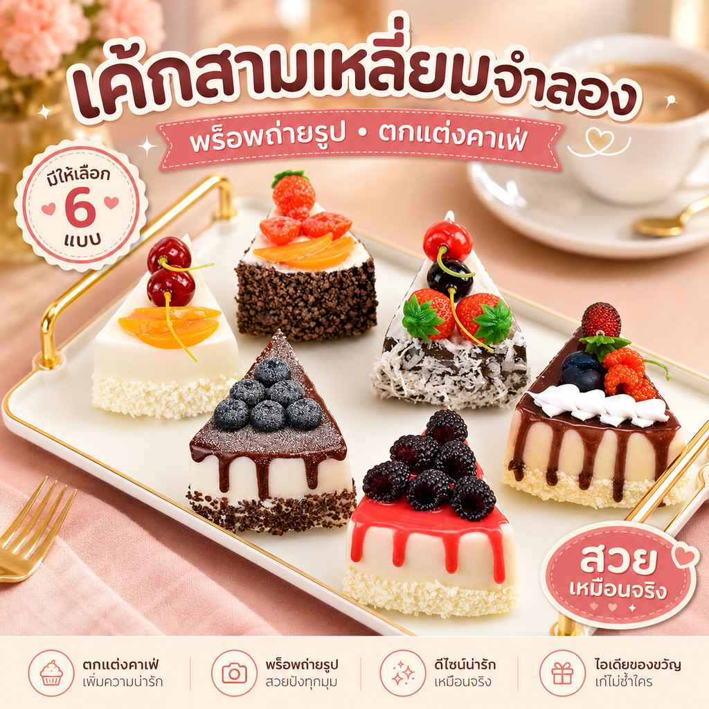 เค้กจำลองผลไม้ เค้กปลอม เค้กสามเหลี่ยม เนื้อนิ่ม สมจริง พร็อพถ่ายรูป แต่งตู้เค้ก คาเฟ่ ร้านเบเกอรี่ วางแล้วร้านดูน่ากิน