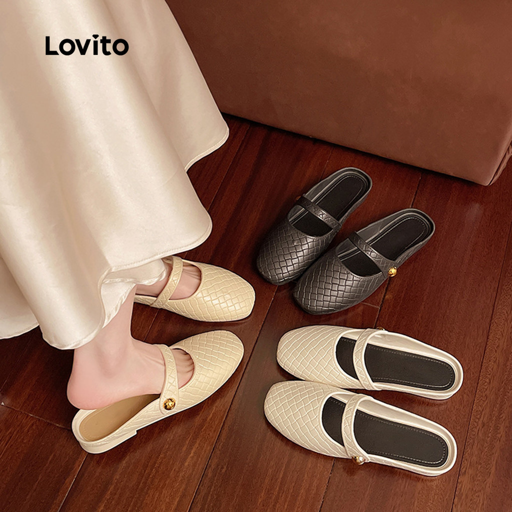 Lovito รองเท้าแตะส้นแบนลำลองสไตล์มินิมอลสำหรับใส่ทำงาน สไตล์เกาหลี ใส่สบาย สำหรับผู้หญิง LFA115008