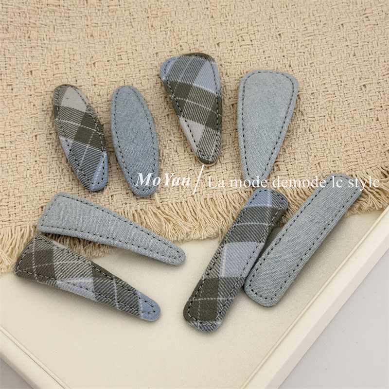 Retro Simple Denim ผ้าสีฟ้าเรขาคณิตคลิปผม Mori สไตล์ลายสก๊อต bb คลิป All-Match ด้านข้าง Bangs คลิปหัก