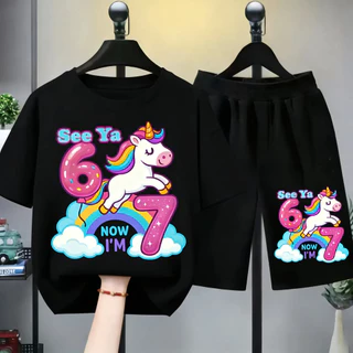 (24Hจัดส่ง)TIMI ชุดเสื้อยืดเด็กหญิง เสื้อยืดเด็กหญิง ชุดเสื้อเด็กหญิง เสื้อยืดเด็กหญิงชุดสั้น ลาย ยูนิคอร์น ตัวเลข 6 7 ส