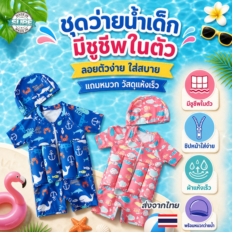 ชุดว่ายน้ำชูชีพเด็ก มีโฟมในตัว ลอยน้ำได้ แห้งเร็ว พร้อมหมวกว่ายน้ำ ใส่สบาย เด็กชาย เด็กหญิง