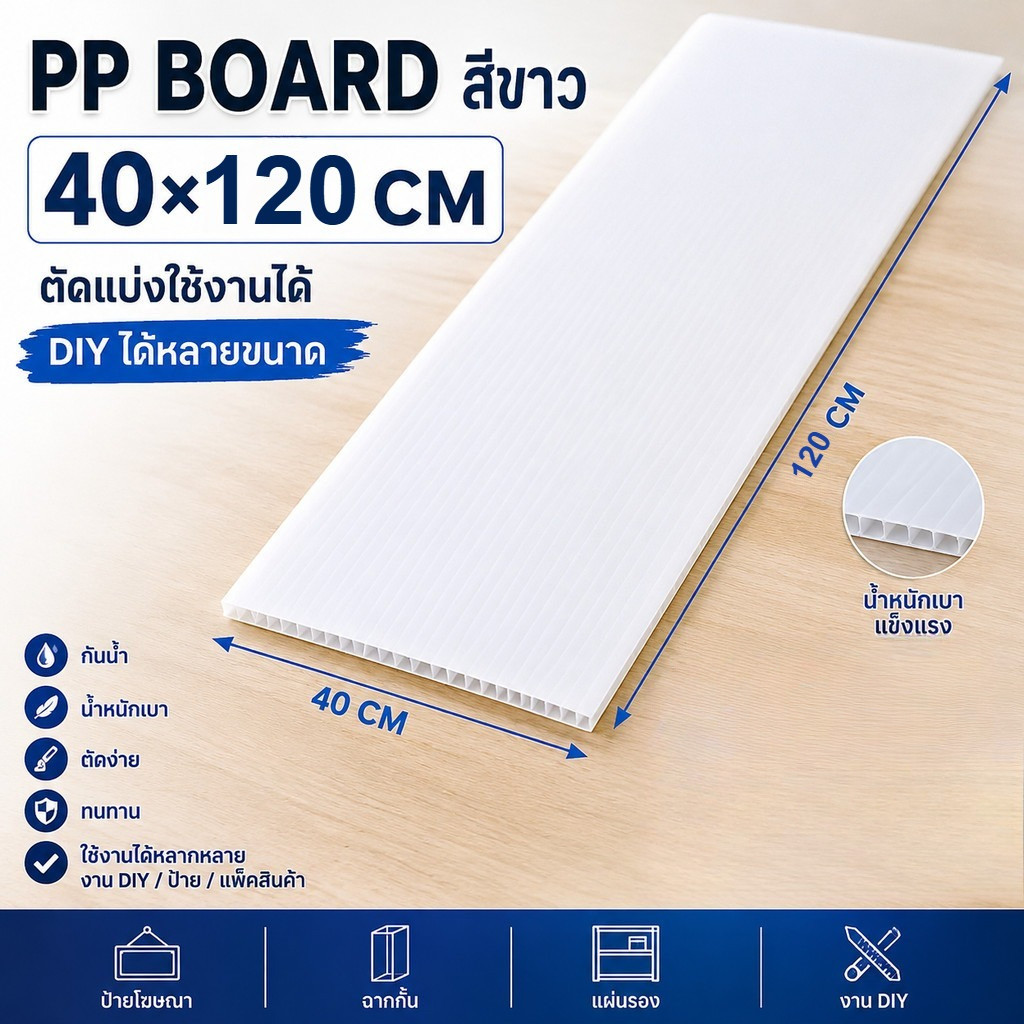ฟิวเจอร์บอร์ด PP Board สีขาว 40x120ซม. หนา3มิล ตัดแบ่งได้ DIY บอร์ดลูกฟูก ป้าย Future Board พร้อมส่ง
