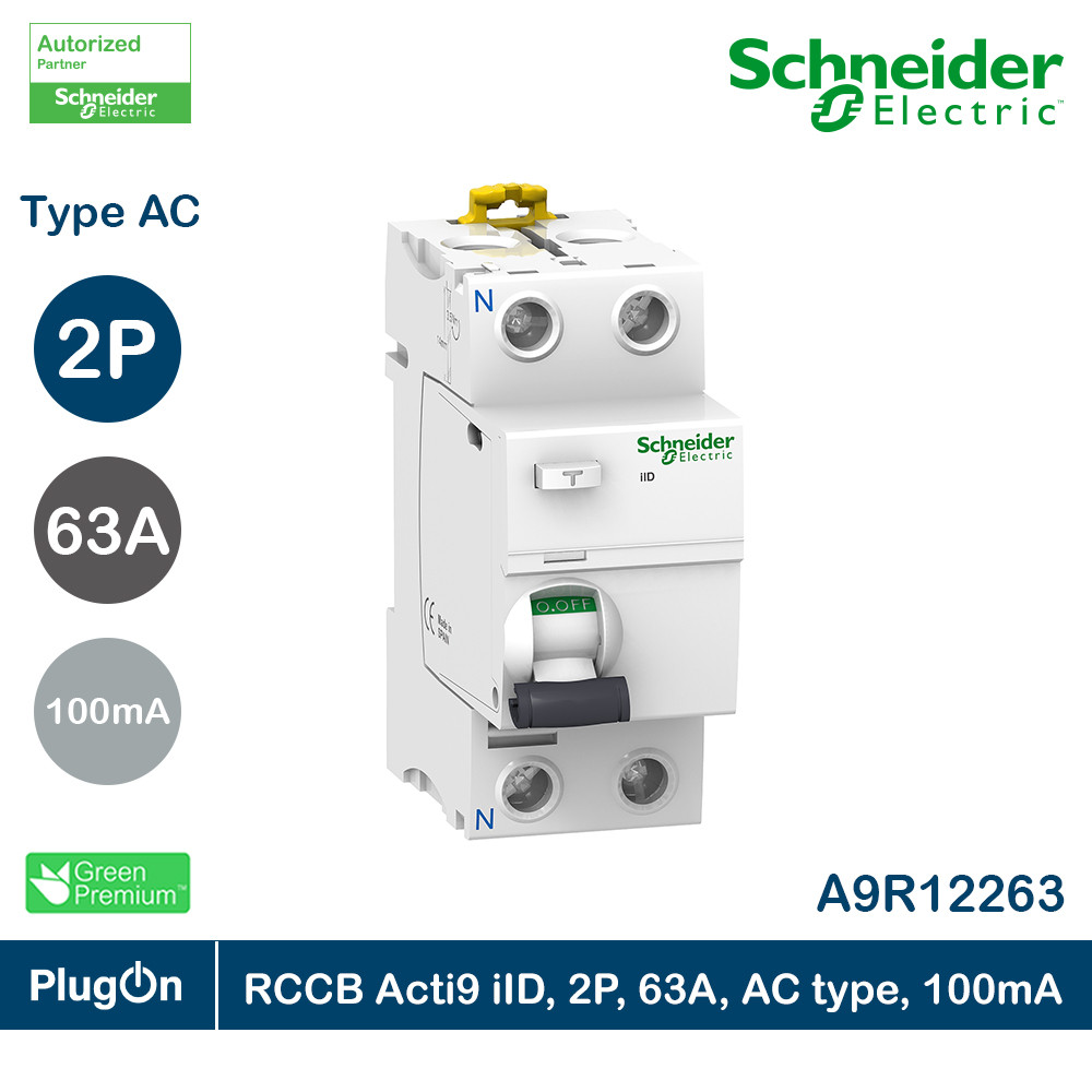 Schneider Electric เซอร์กิตเบรกเกอร์ป้องกันไฟดูด (RCCB) Acti9 iID 2P 63A AC Type 100mA | A9R12263